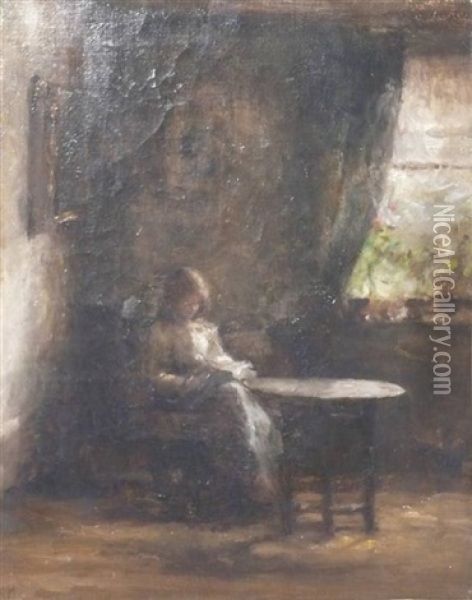 Interior With Girl Reading At A Table Oil Painting - Julia Beatrice How