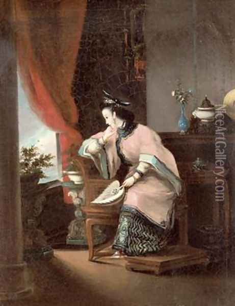 A Chinese girl seated looking out of the window Oil Painting - Lam Qua