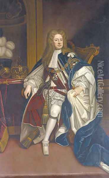 Portrait of King George I (1660-1727), seated full-length, in Garter robes Oil Painting - Sir Godfrey Kneller
