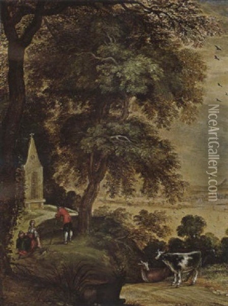 A Wooded Landscape With Figures And Cows Resting On A Path Near A Church Oil Painting - Alexander Keirincx