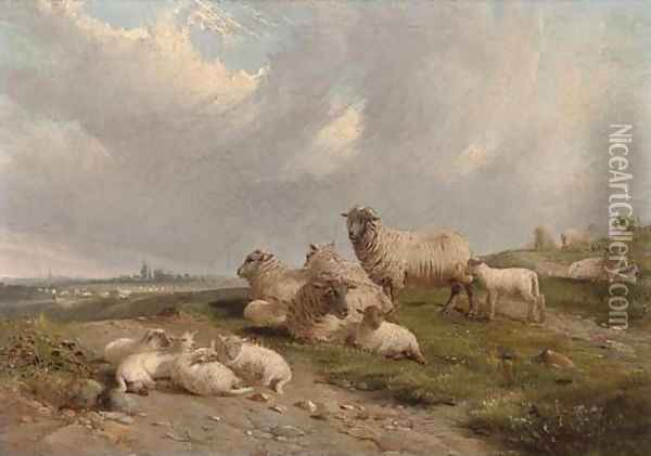 Sheep and lambs on a hillside Oil Painting - J. Duvall