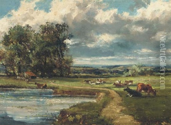 Cattle Grazing By A River Oil Painting - Sir Herbert Edwin Pelham Hughes-Stanton