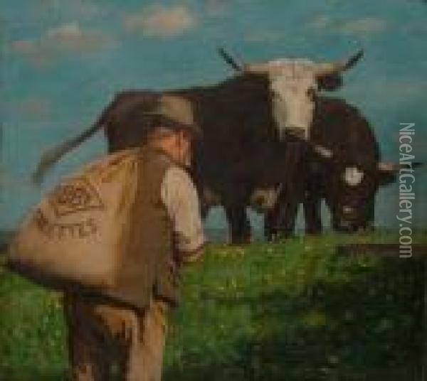Farmer With Sack Of Bibby Cakettes. Oil Painting - William Gunning King