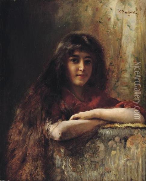 Portrait Of A Young Girl Oil Painting - Konstantin Egorovich Egorovich Makovsky