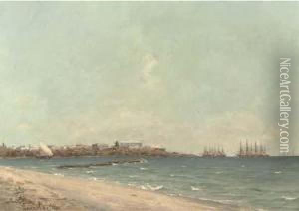 Zanzibar: On The Beach With Stone Town In The Distance Oil Painting - Erwin Carl Wilhelm Gunther
