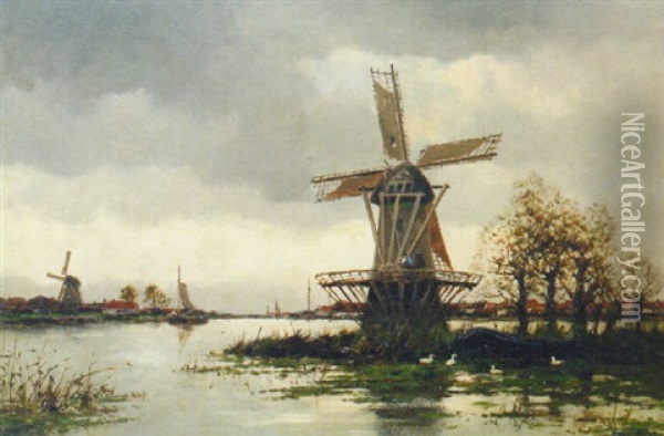 View Of A Windmill In A Polder Oil Painting - Hermanus Koekkoek the Younger