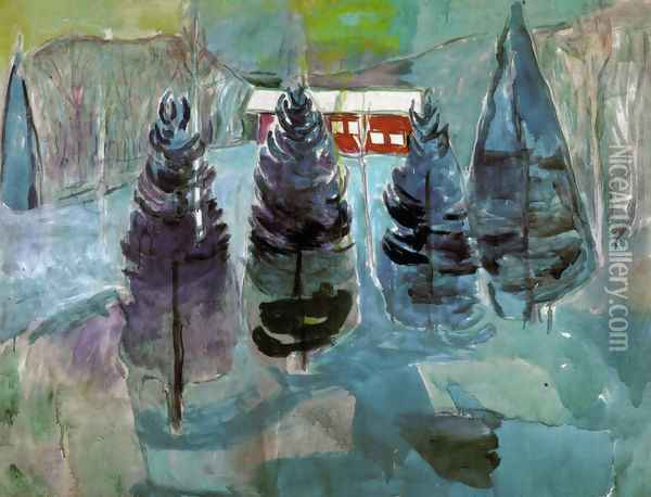 Red House and Spruces Oil Painting - Edvard Munch
