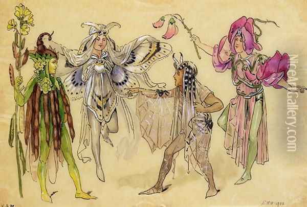 Four Fairy Costumes for A Midsummer Nights Dream produced by Robert Courtneidge at the Princes Theatre, Manchester, 1896-1903 Oil Painting - C. Wilhelm