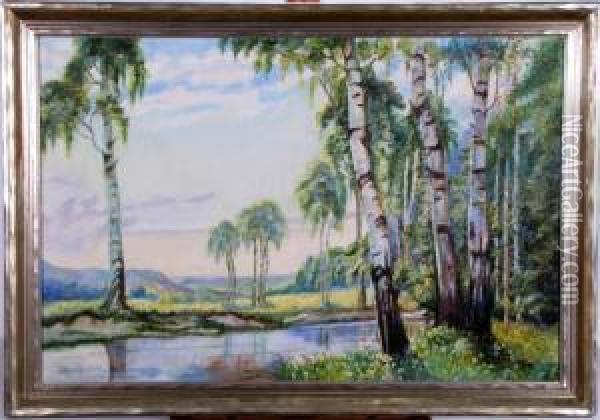 Summer Landscape With Pond And Distant Mountains Some Surface Abrasions Oil Painting - Ettie Shanklin