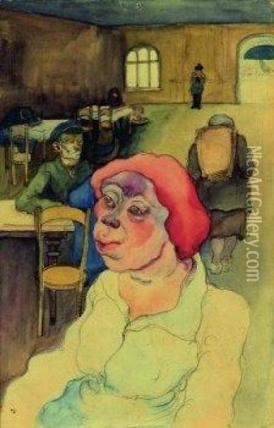 Woman With Red Hat In A Waiting Room Oil Painting - Elfriede Lohse-Wachter