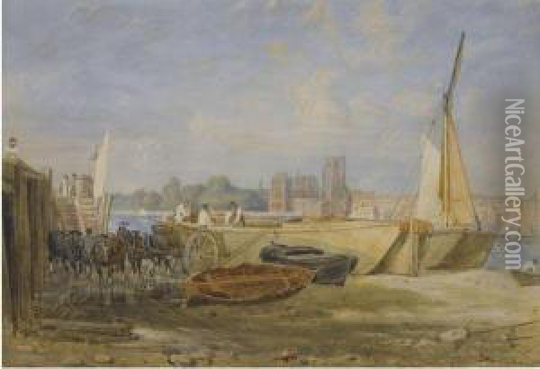 Unloading Sail Barges Near Lambeth Bridge Oil Painting - George Jnr Barrett