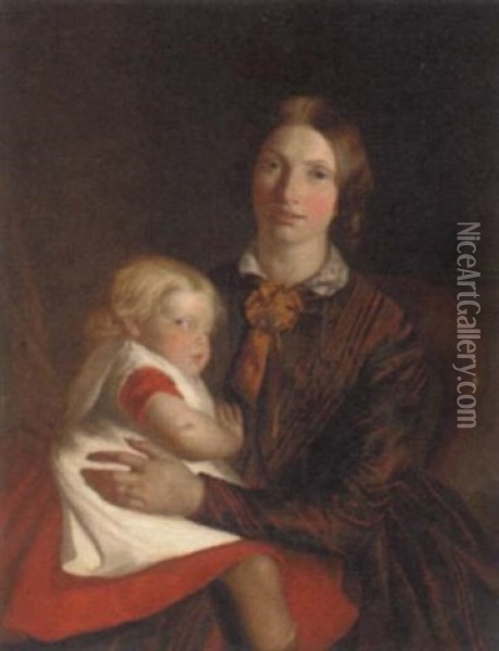 Portrait Of Agnes Brown Paterson And Isabella, In An Interior Oil Painting - James Eckford Lauder