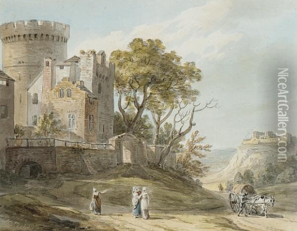 Townsfolk By A Castle Gate Oil Painting - Paul Sandby