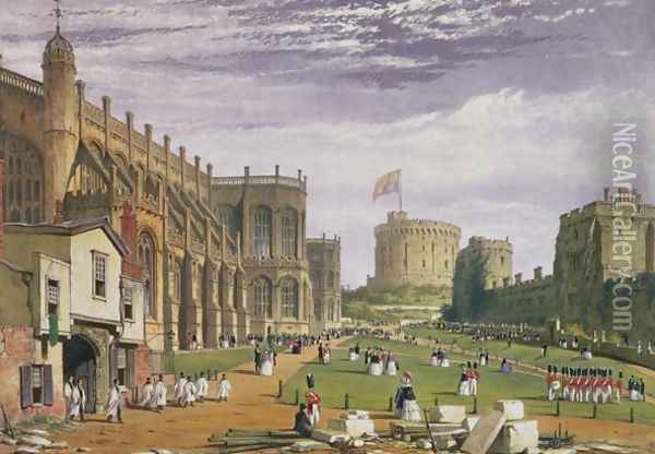 Lower Ward with a view of St Georges Chapel and the Round Tower, Windsor Castle, 1838 Oil Painting - James Baker Pyne