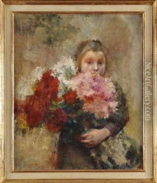 Jeune Fille Au Bouquet De Fleurs Oil Painting - Claude Charles Bourgonnier