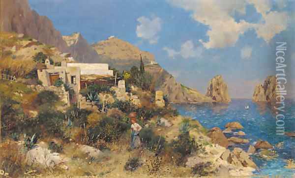 A lady by a coastline cottage in Capri Oil Painting - August Lovatti