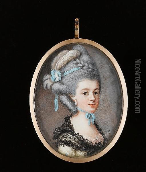 A Lady, Wearing White Dress, Pink Lace Underslip And Black Lace Shawl Tied About Her Shoulders, Drop Pearl Earring, Pale Blue Ribbon Tied About Her Neck, A Further Blue Ribbon And White Plume In Her Upswept And Plaited Powdered Hair Oil Painting - Samuel Cotes