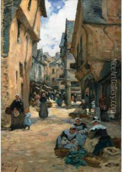 Rue Animee A Vire [ ; A Busy 
Street In Vire ; Oil On Canvas Signed And Located Lower Left F 
Legout-gerard, Vire] Oil Painting - Fernand Marie Eugene Legout-Gerard