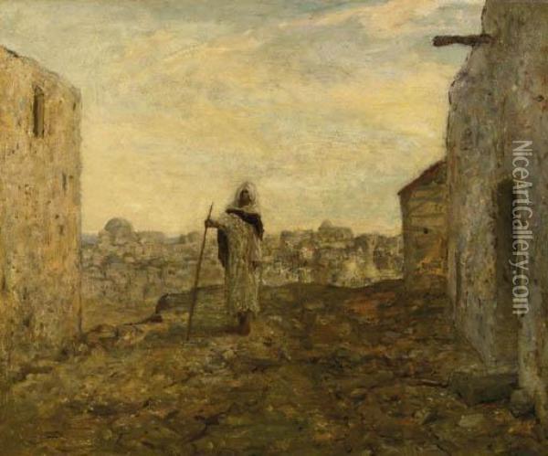 Blinde Bedelaar: A Blind Beggar On A Hill Top, A Town Beyond Oil Painting - Marius Bauer