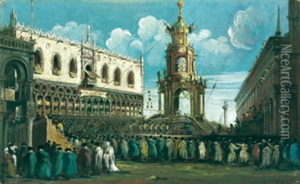Das Fest Des Faschingsdonnerstags Auf Der Piazzetta In Venedig Oil Painting - Gabriel Bella