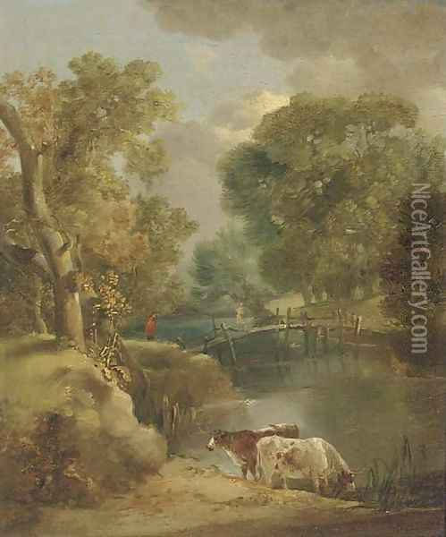 Cattle watering in a wooded landscape Oil Painting - Thomas Gainsborough