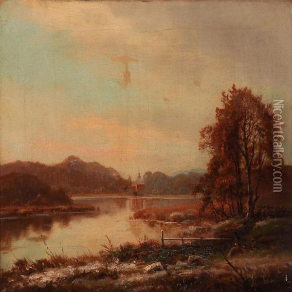 Autumn Landscape By A Lake Oil Painting - Alexander Schmidt