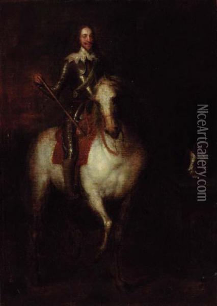 An Equestrian Portrait Of 
Charles I, Small Full-length, In Armour,mounted On A Grey Horse Oil Painting - Sir Anthony Van Dyck