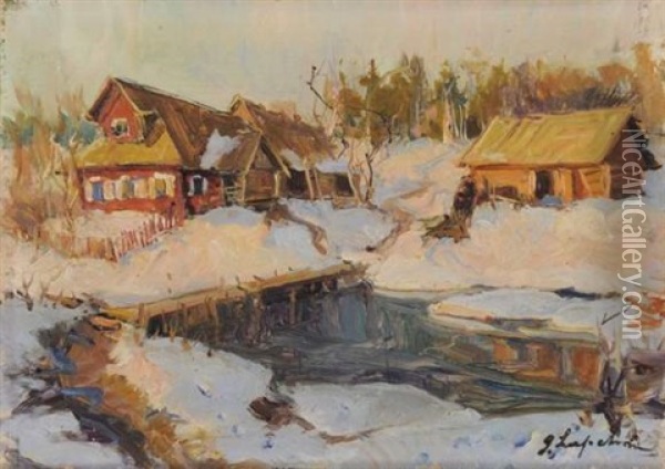 Village Russe Sous La Neige Oil Painting - Georgi Alexandrovich Lapchine