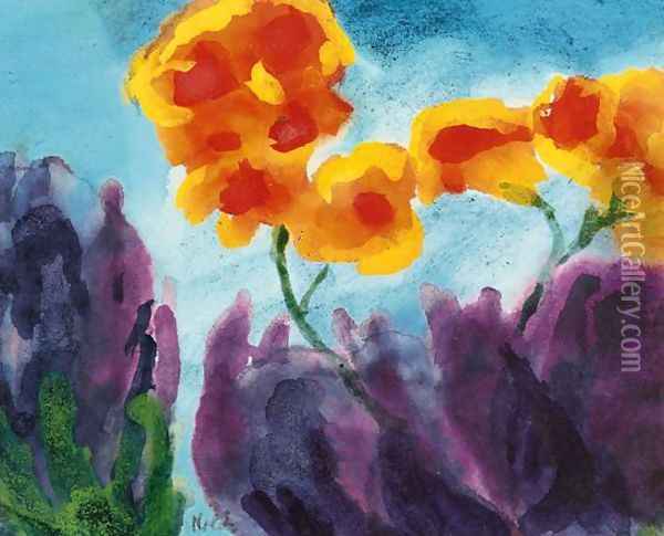 Gardenflowers with Violet and and Yellow Buds Oil Painting - Emil Nolde