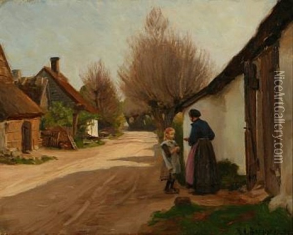 Village Road With Grandmother And Grandchild In Front Of A House Oil Painting - Hans Andersen Brendekilde