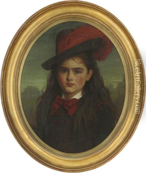 Portrait Of A Young Girl, 
Bust-length, In A Moave Coat And Hat Witha Burgundy Feather, A Landscape
 Beyond Oil Painting - Charles Sillem Lidderdale