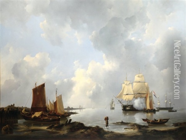Bateaux Hollandais Au Mouillage Oil Painting - Johannes Christiaan Schotel