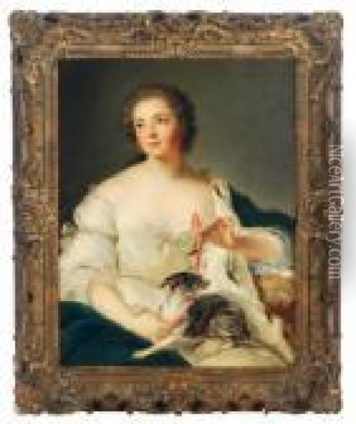 Portrait Of A Lady With A Lap Dog Wearing A Pink Collar Oil Painting - Jean-Marc Nattier