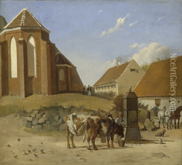 Landliche Idylle Vor Der Kirche Sankt Michael In Slagelse Auf Seeland Oil Painting - Ludvig Abelin Schou