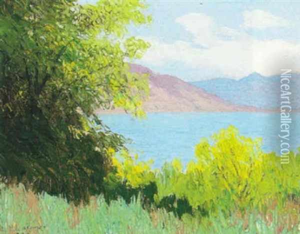 View Of Bay Through Trees Oil Painting - Lorenzo Palmer Latimer