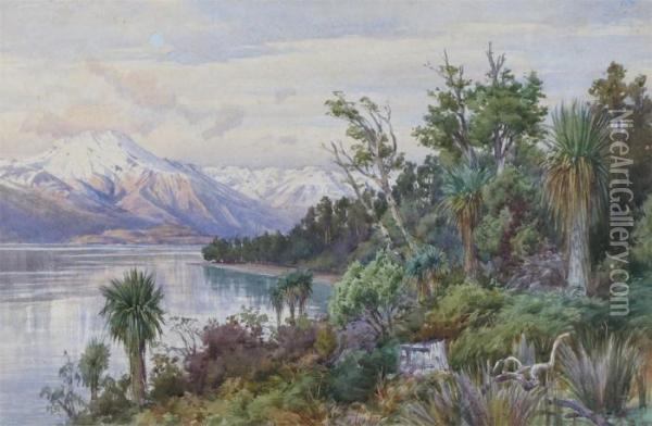 New Zealand View With Palm Trees By A Lake And Mountains Beyond Oil Painting - John Gully