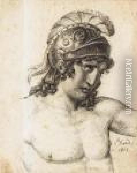 Homme Nu En Buste, Coiffe D'un Casque Antique Oil Painting - Jacques Louis David