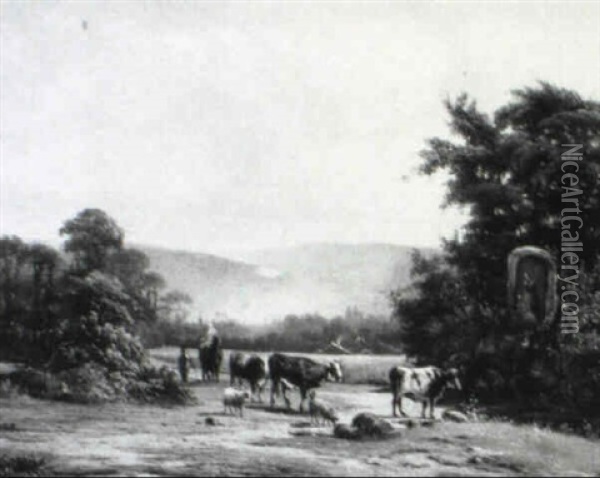 Figures And Cattle In A Landscape Oil Painting - Alexander Hieronymus Bakhuyzen
