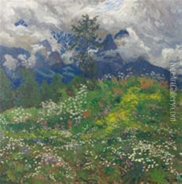 Alpine Landscape With Wild Flowers Oil Painting - Carl Reiser