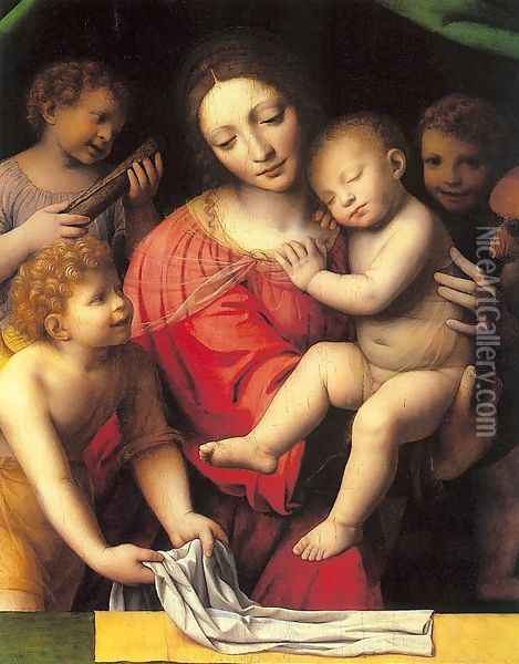 The Virgin Carrying the Sleeping Child with Three Angels Oil Painting - Bernardino Luini