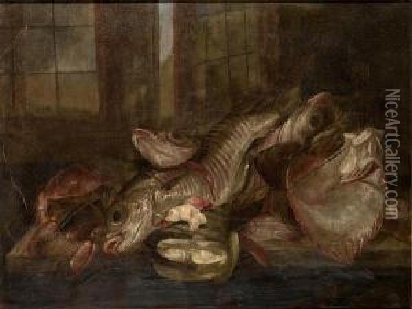 A Lobster, Crab, Turbot And Other Fish On A Table Top, Before An Open Window Oil Painting - Abraham Hendrickz Van Beyeren