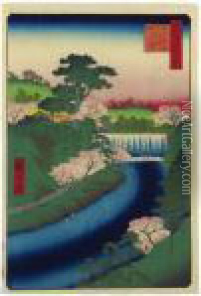 ````oji Otonashigawa Entai, 
Sezoku Otakito Tonau' (the Otonashi River Dam At Oji, The So-called 'big
 Waterfall') From The Series 'edo Meisho Hyakkei' (one Hundred Famous 
Views Of Edo) Oil Painting - Utagawa or Ando Hiroshige
