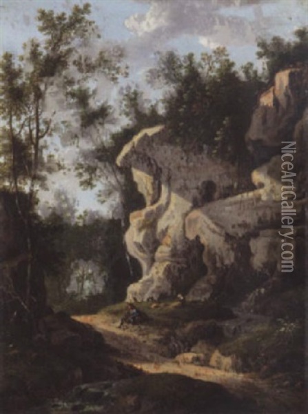 A Rocky Woodland Path With A Traveller Resting Oil Painting - Johan Evangelist Dorfmeister