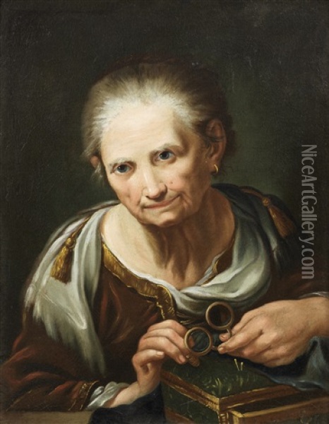 An Elderly Lady Holding Glasses Oil Painting - Giuseppe Nogari