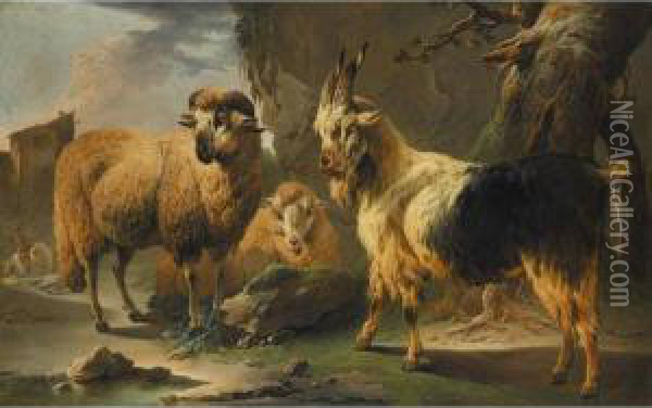 Rocky Landscape With Sheep And 
Goats A Horseman Before A House Beyond Oil Painting - Philipp Peter Roos