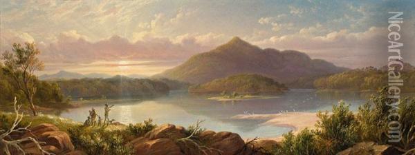 Aborigines Overlooking Lake Tilba And Mt Dromedary Oil Painting - James Howe Carse