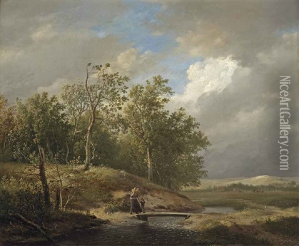 Crossing The River Oil Painting - Hendrik van de Sande Bakhuyzen