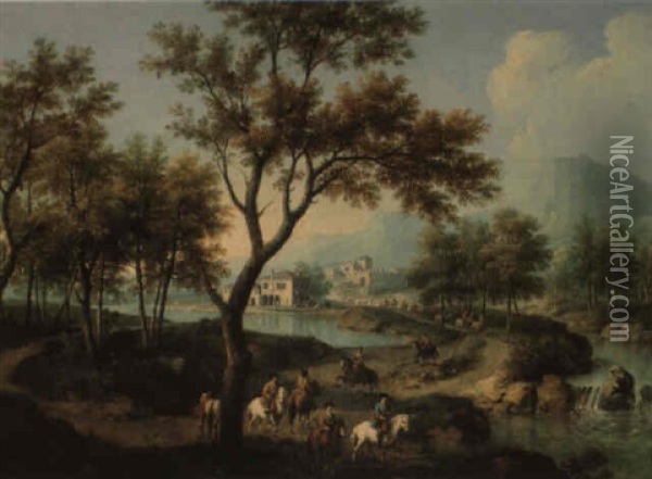 Landscape With Mounted Soldiers Departing From Their Fortress Oil Painting - Giovanni Battista Cimaroli