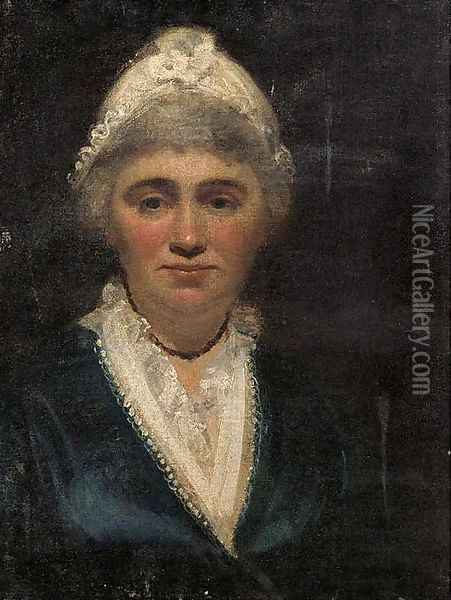 Portrait of a lady, bust-length, wearing a blue dress and lace bonnet Oil Painting - English School