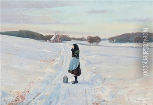 A Winter Scenery With A Girl Oil Painting - Hans Andersen Brendekilde